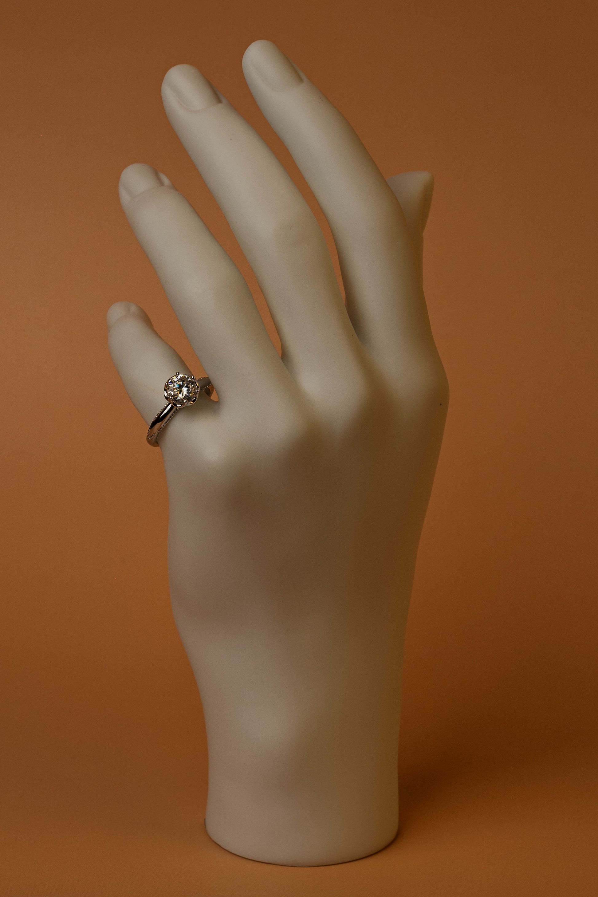 Veyelle Borde moissanite milgrain ring in white gold — on model